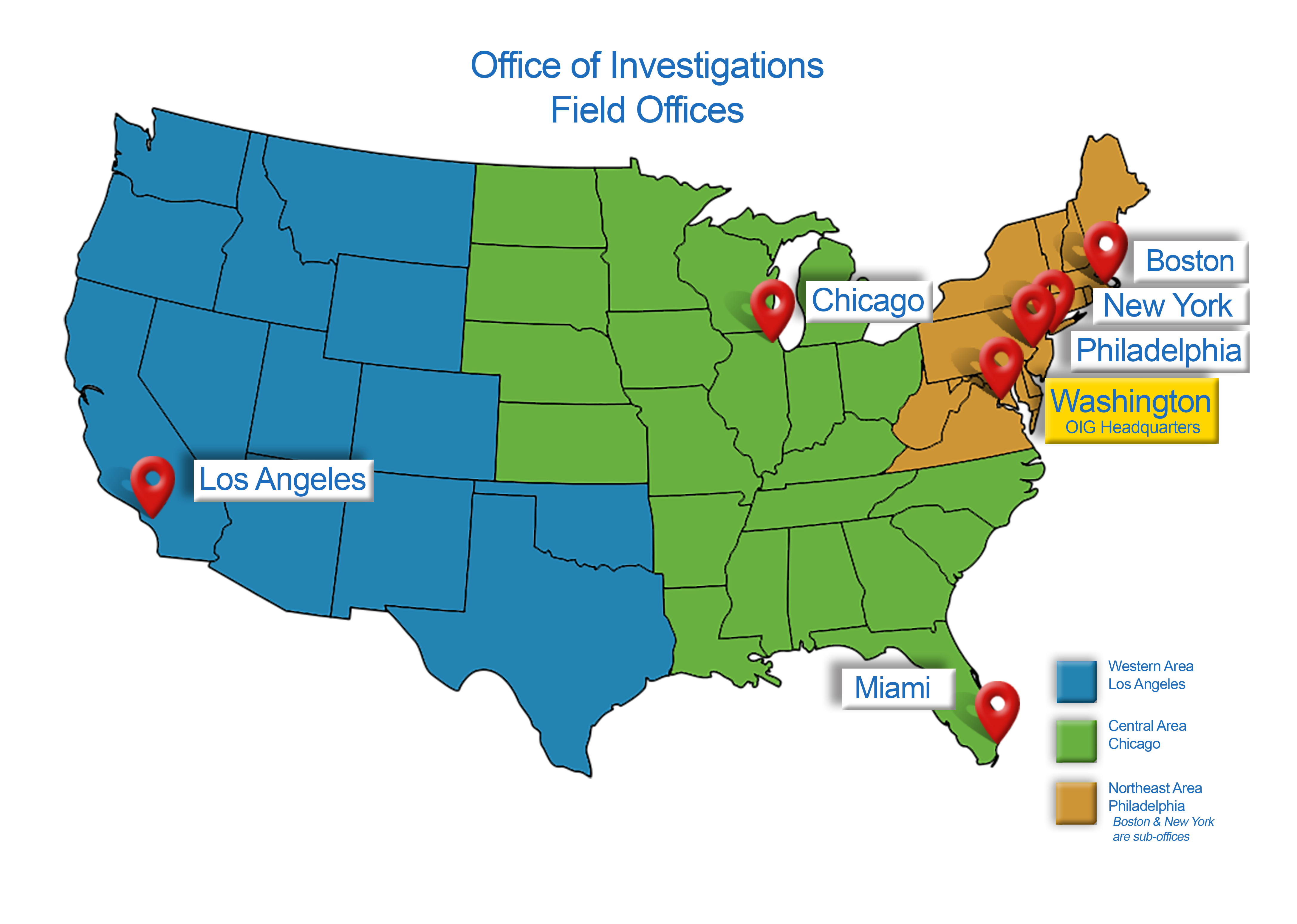 Map showing Amtrak O I G investigative office locations and jurisdicton 